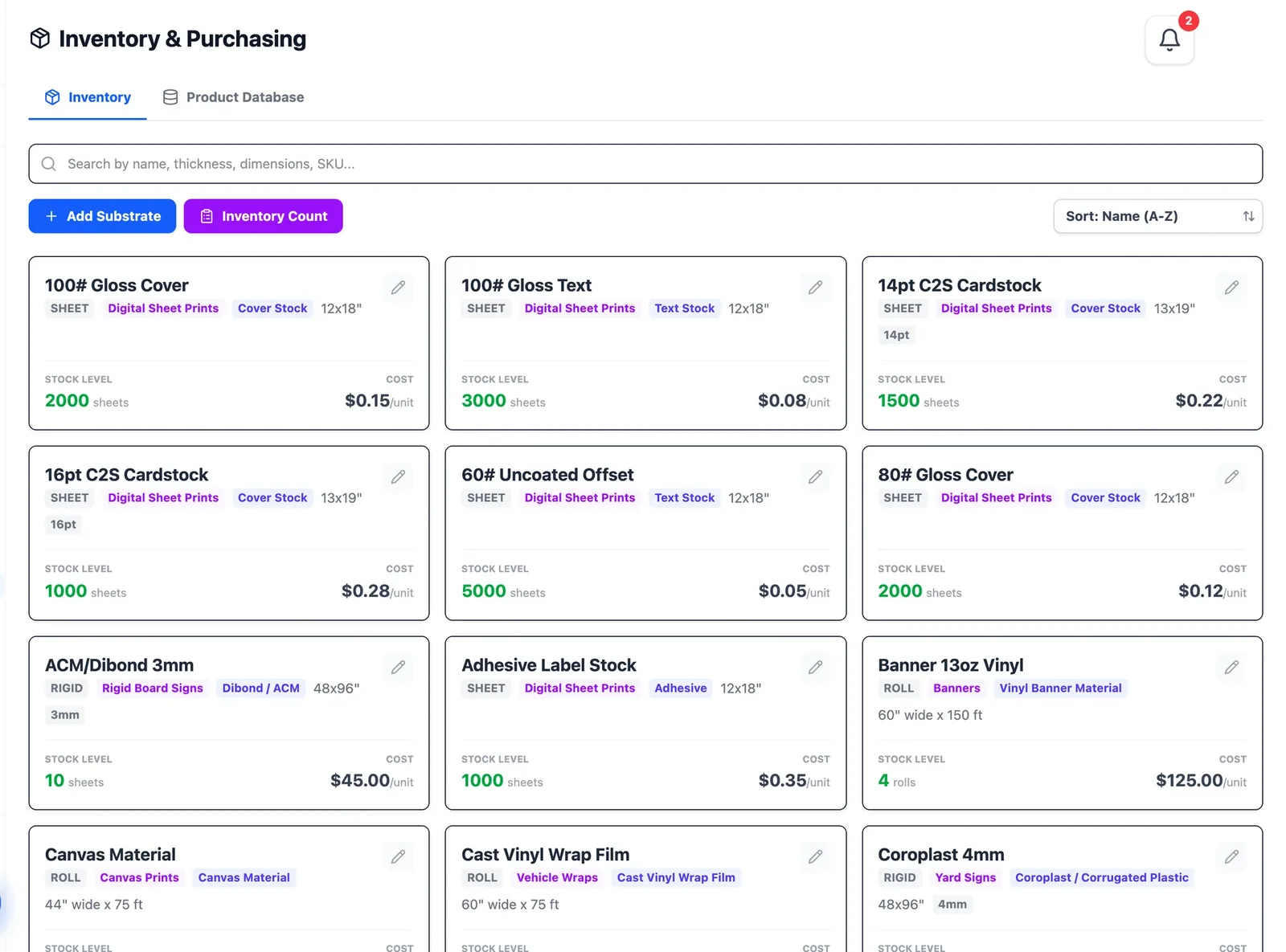 Inventory screen listing substrates with stock levels and unit costs