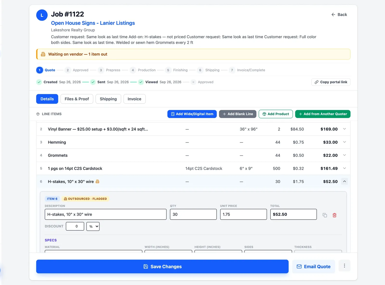 Job ticket with an outsourced line item flagged and waiting on the vendor