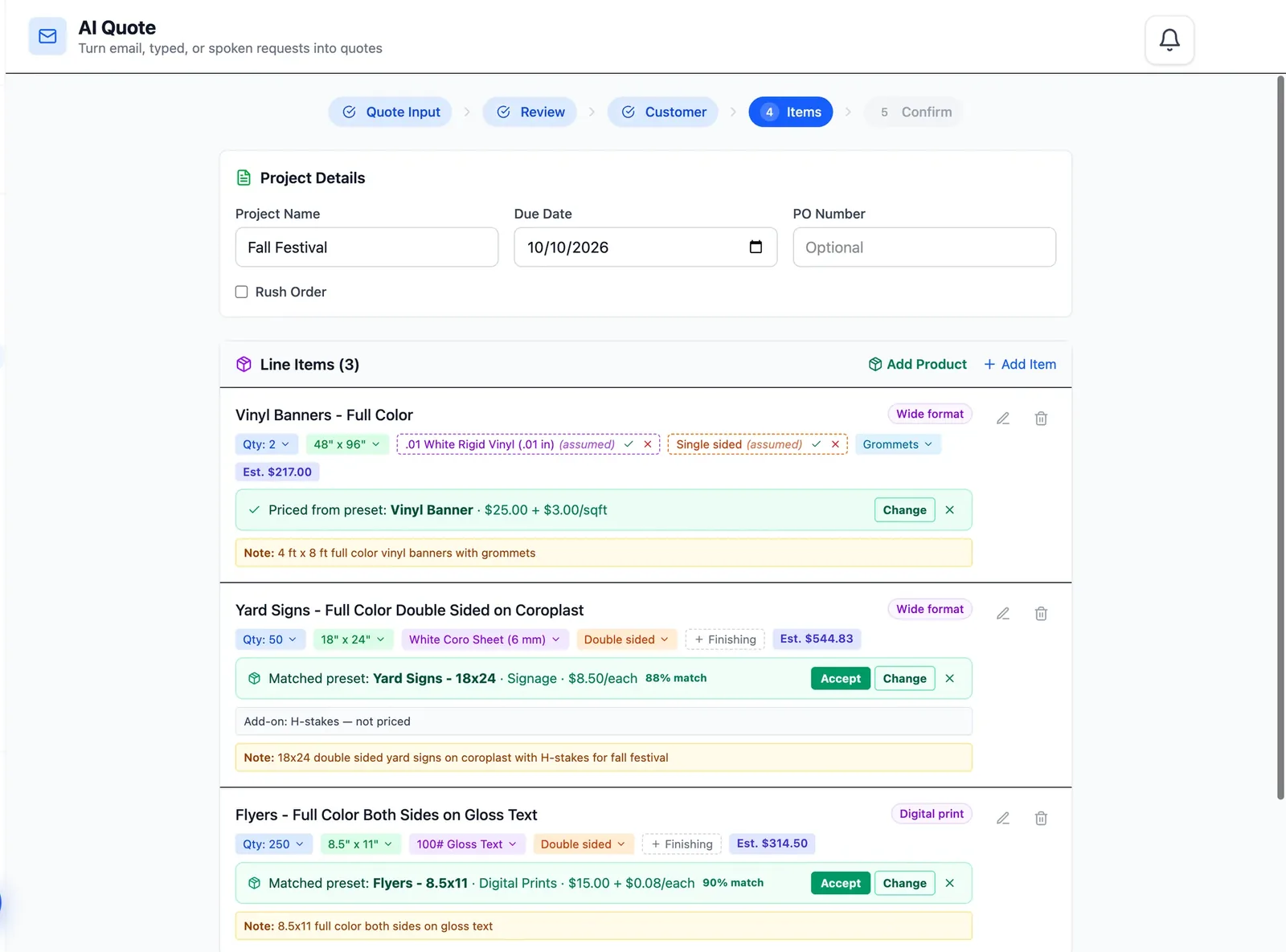 AI Quote screen: three line items pulled from a customer email, each matched to a product preset and priced