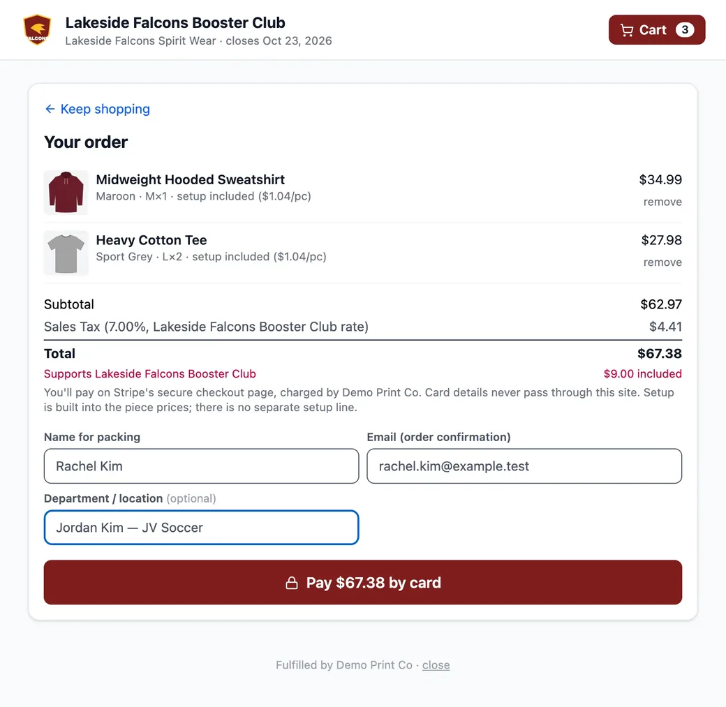 Booster club store checkout with the fundraiser amount included and a pay by card button