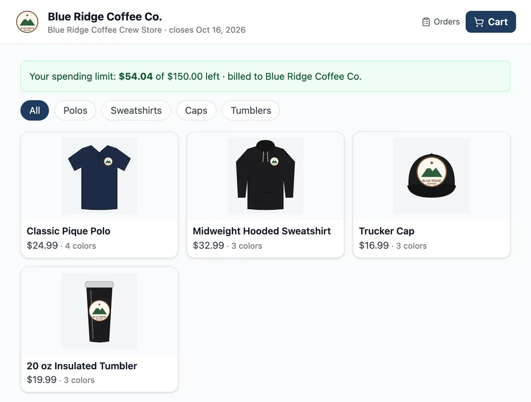 A customer's company store showing polos, sweatshirts, caps and tumblers with their logo, and the shopper's remaining spending limit