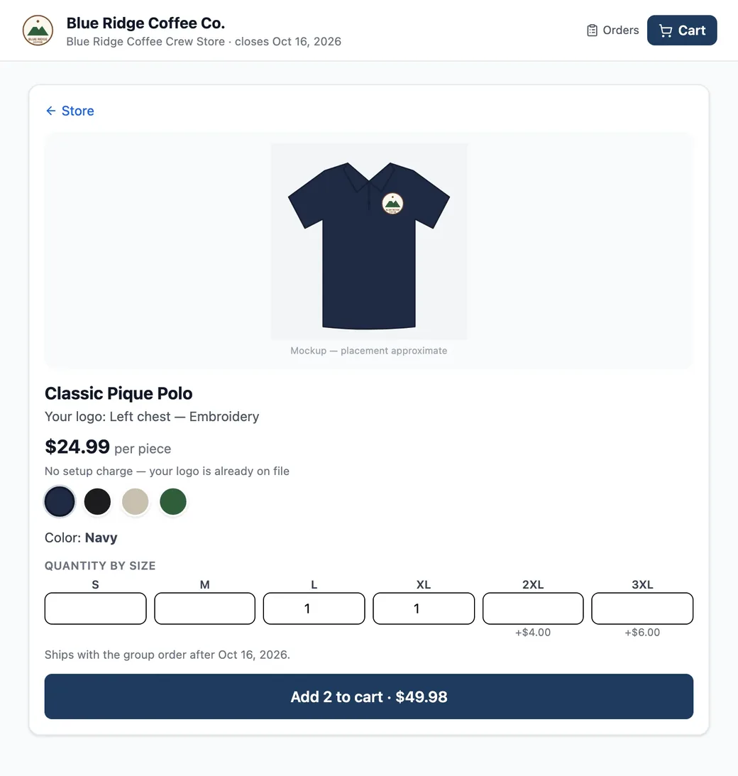 Store product page: polo mockup with the logo on the left chest, fixed price per piece, and a size grid