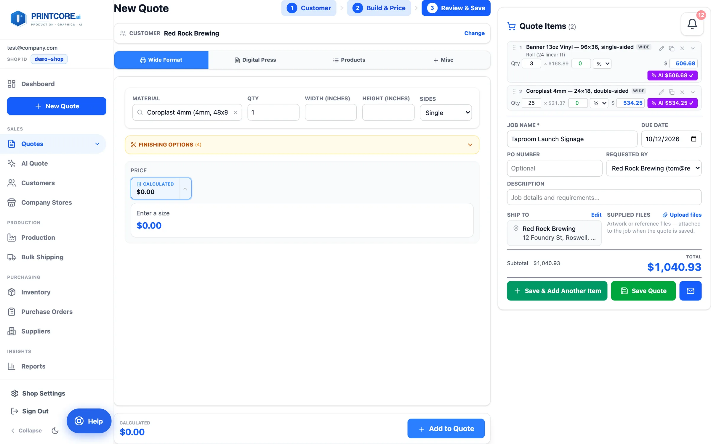 Add lines — each with its own AI price