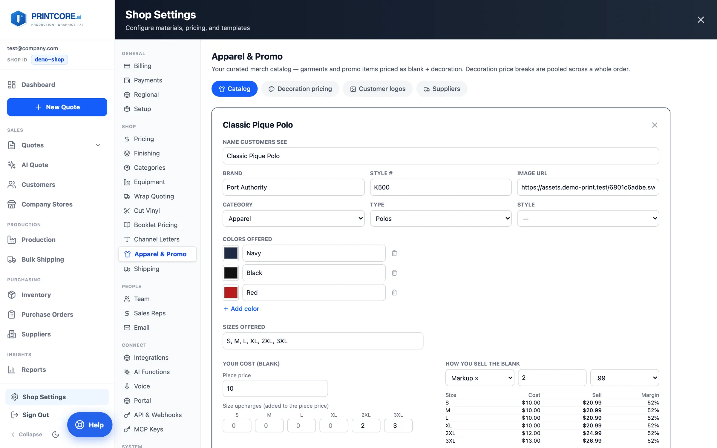 Set cost, markup, and methods per item